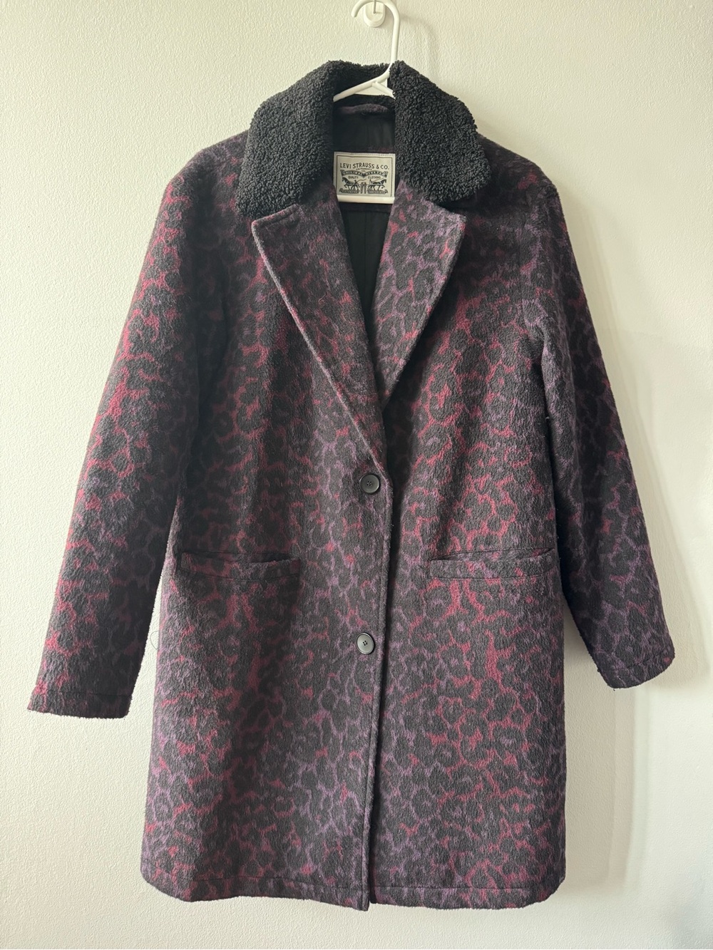 Levi's Burgundy Animal Print Patterned Pea Coat with Faux Shearling Collar